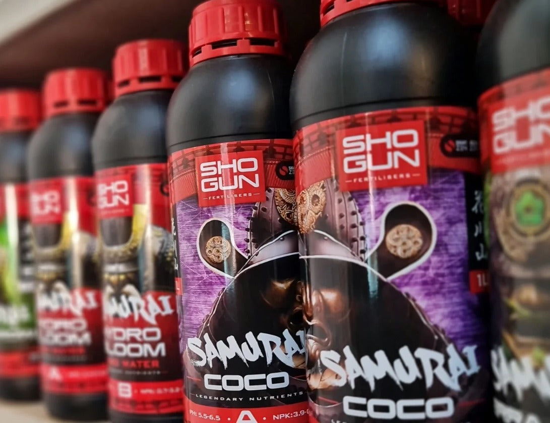 Shogun Fertilisers Samurai nutrient bottles lined up on a shop shelf