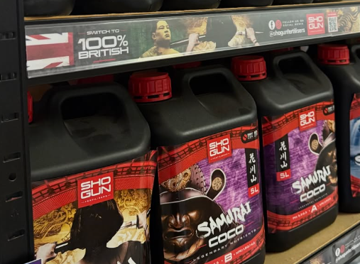 Shogun Samurai Coco 5L nutrients on a shop shelf under a 100% British banner