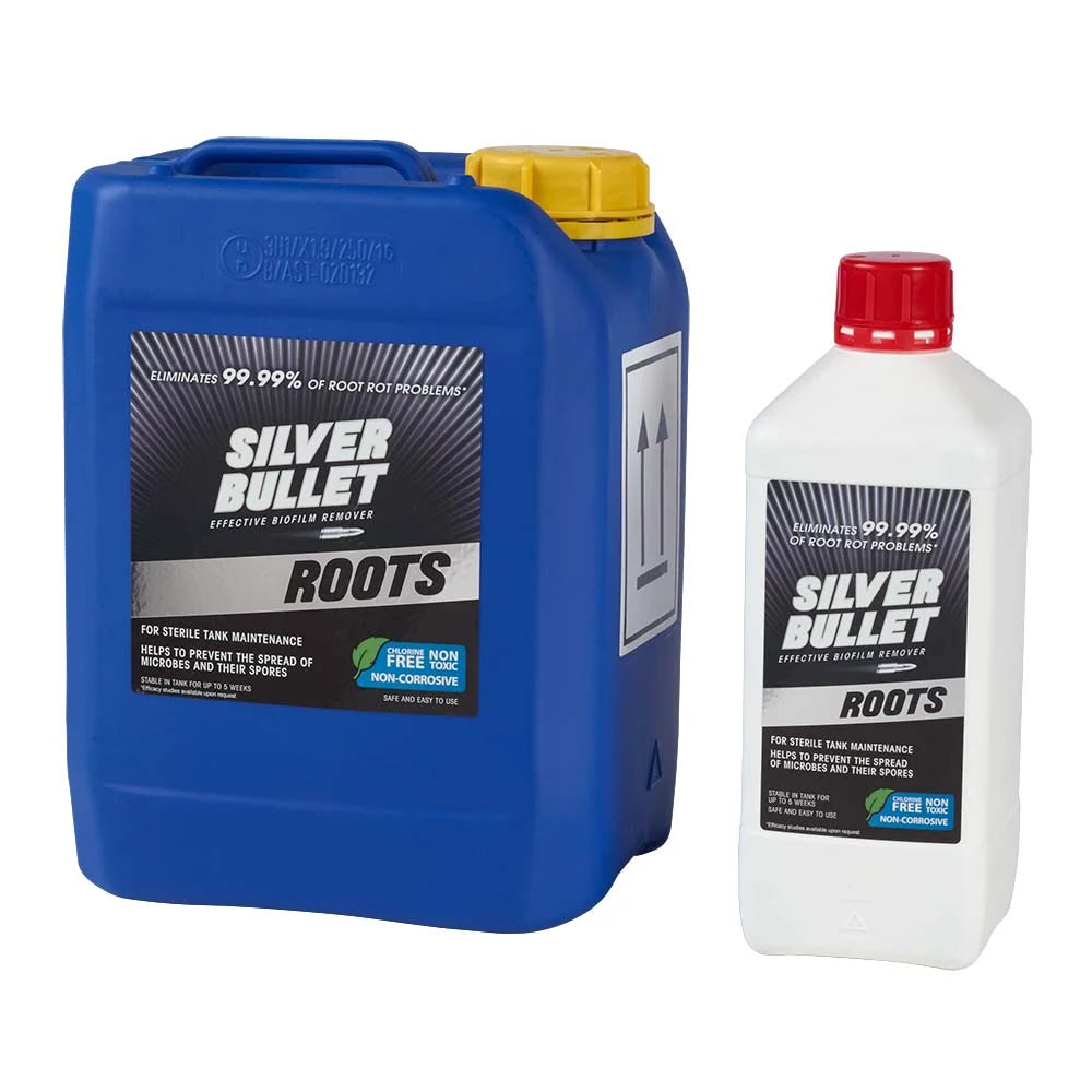 Silver Bullet Roots silver-stabilised hydrogen peroxide in 1L and 5L containers