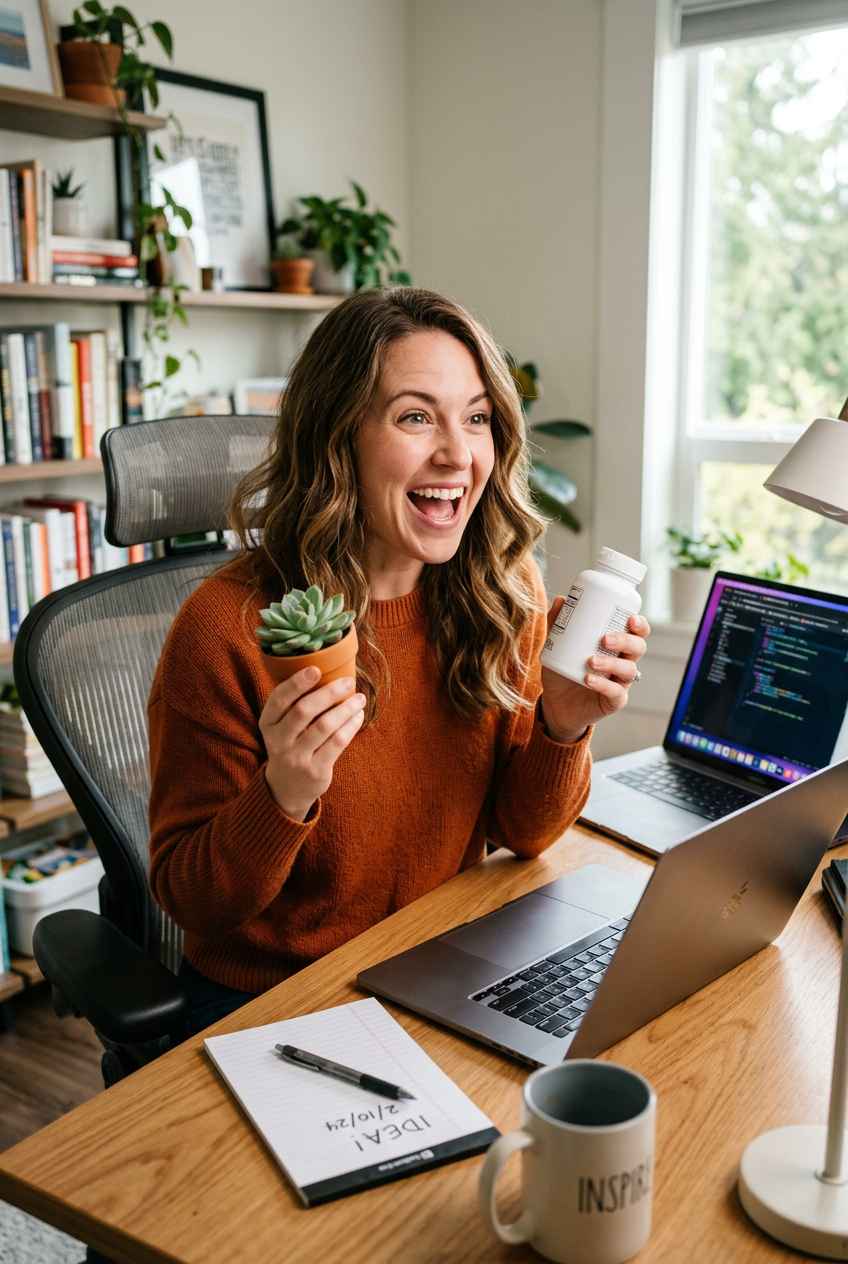 Woman at her desk with a houseplant, excited by a new product idea